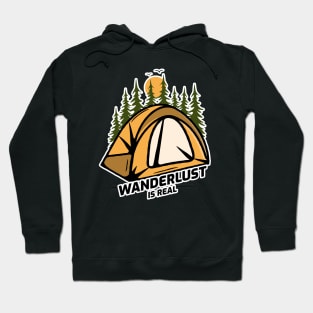 Wanderlust Is Real - Tent in Forest With Black Text Design Hoodie